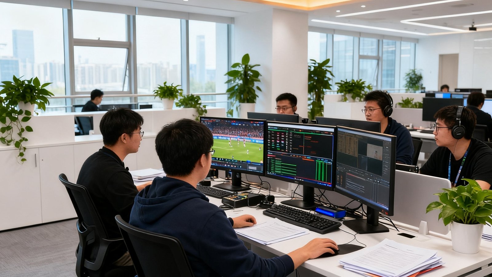 直播屋北京总部办公场景，开放式办公区中产品、技术与编辑团队正在协作处理赛事直播数据