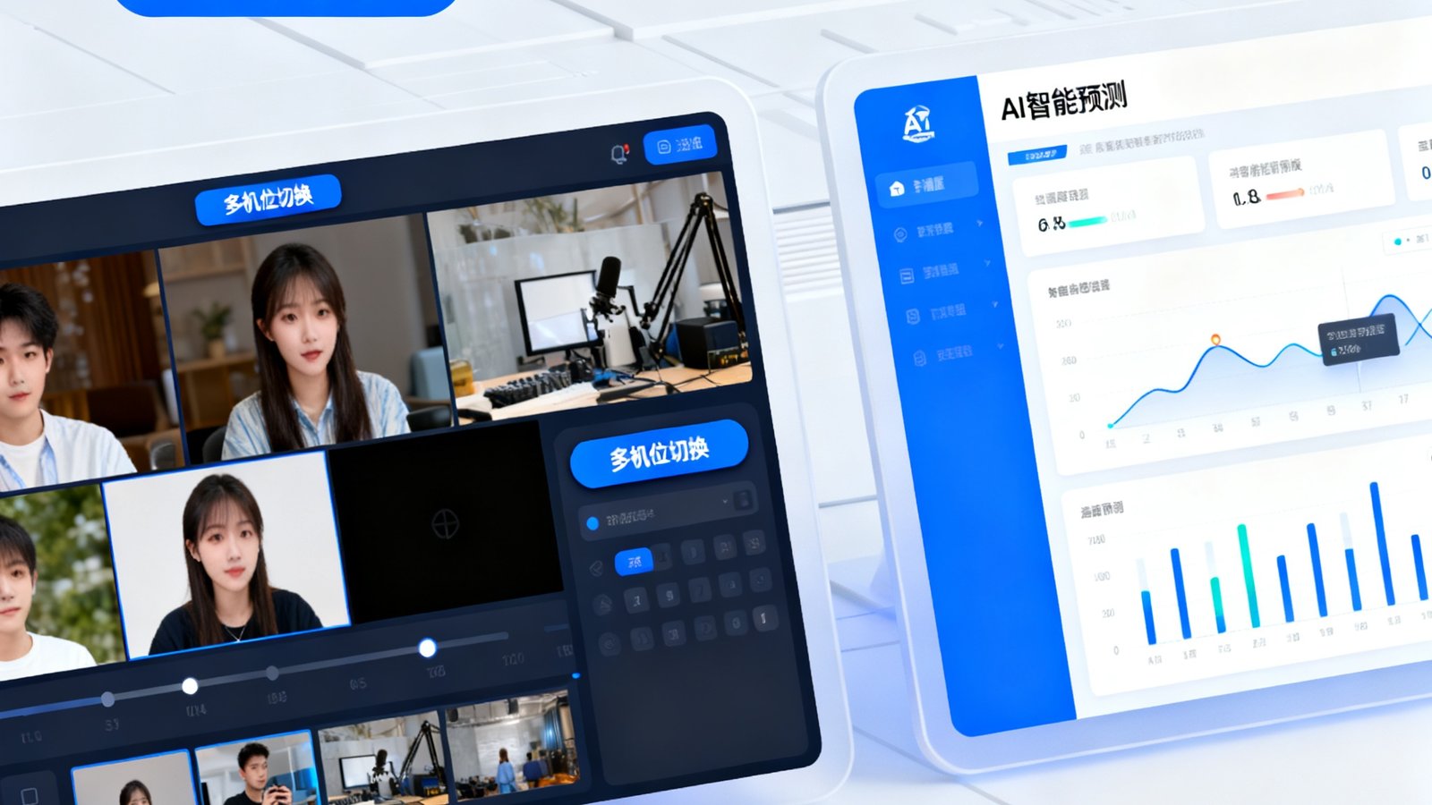 直播屋V5.8版本新功能介绍，包含多机位切换和AI智能预测面板界面